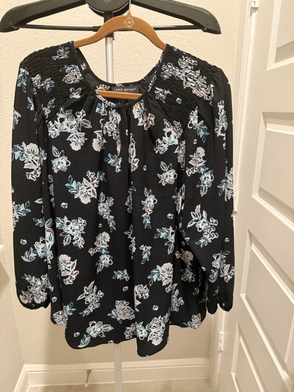 Lane Bryant Black Floral Peasant Blouse with Tie Neck